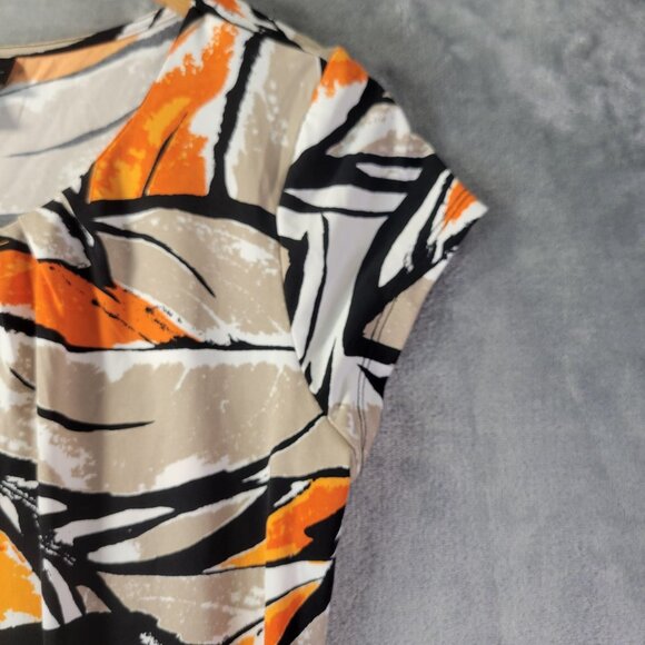 Worthington Womens Petite L Abstract Print Short Sleeve Blouse Orange Beige Blac - Picture 3 of 8